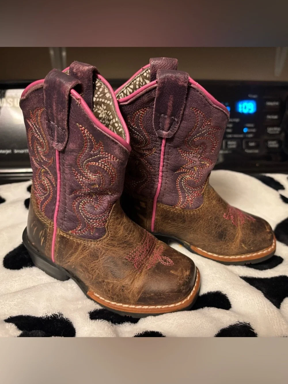 Dan Post Brown Leather baby Cowboy Boots with Purple Shaft and Pink Trim - Picture 2 of 5
